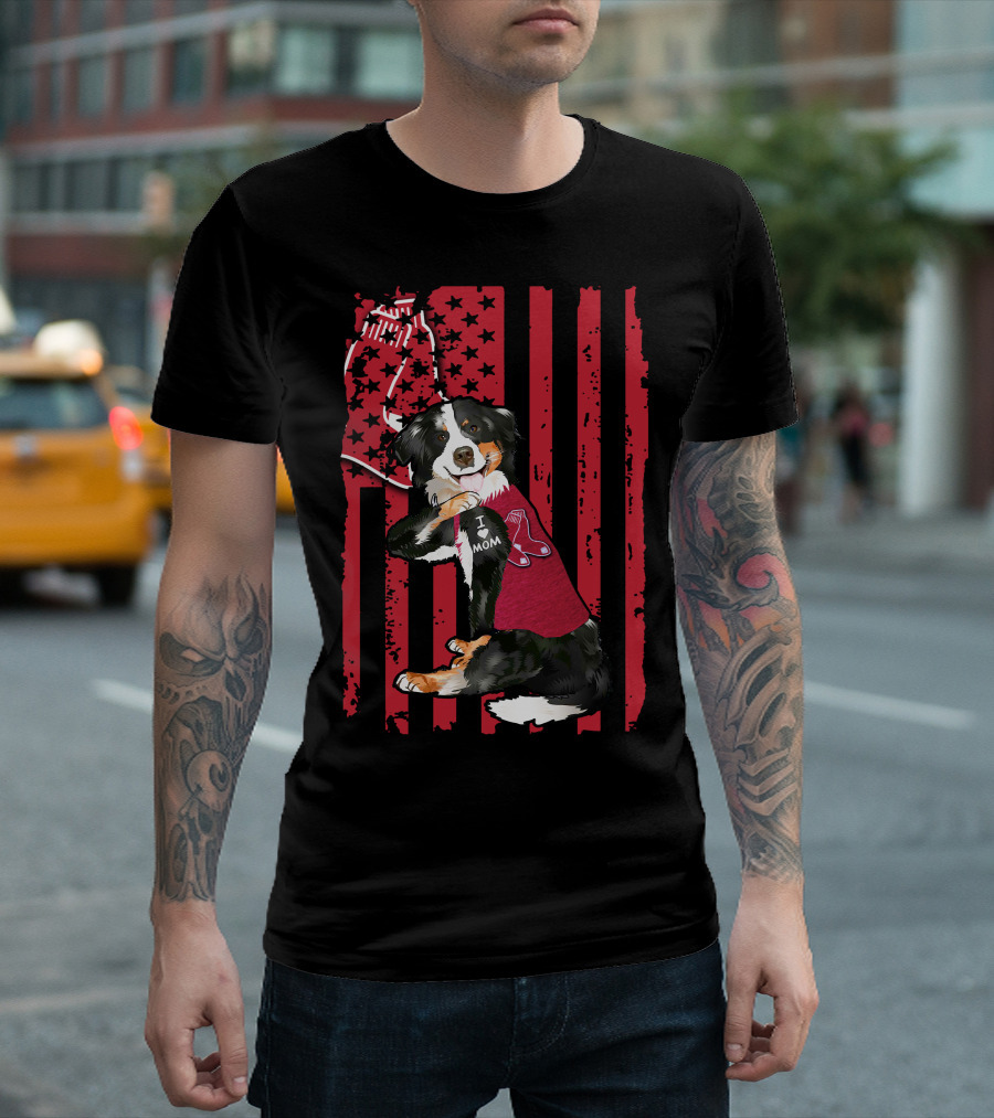 Border Collie I Love Mom Boston Red Sox Baseball Patriotic T-Shirt