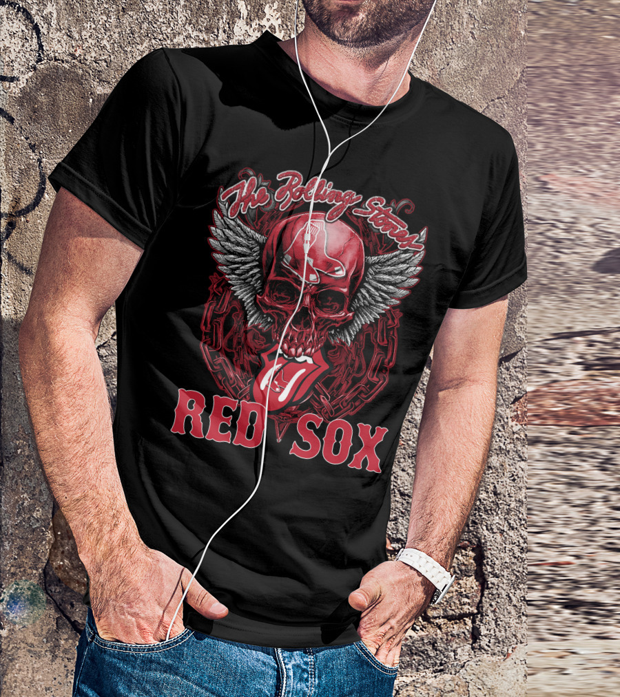 The Rolling Stones Boston Red Sox Skull And Tongue Logo Fusion T-Shirt