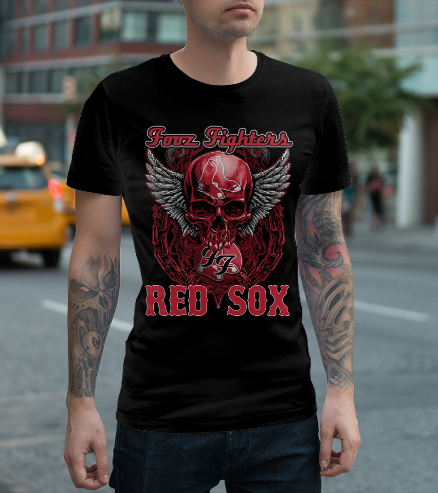 Fooz Fighters Ff Boston Red Sox Skull Wings Chains T-Shirt