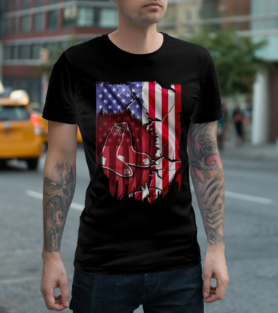 Flag Boston Red Sox American Stars and Stripes Patchwork T-Shirt