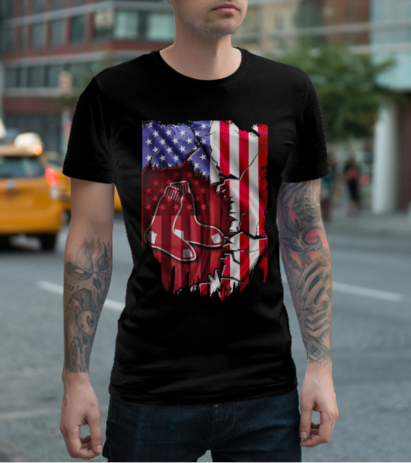 Flag Boston Red Sox American Stars And Stripes Patchwork T-Shirt