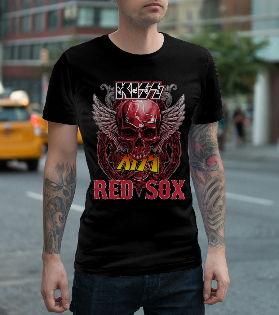 KISS Boston Red Sox Skull Chains Wings T-Shirt