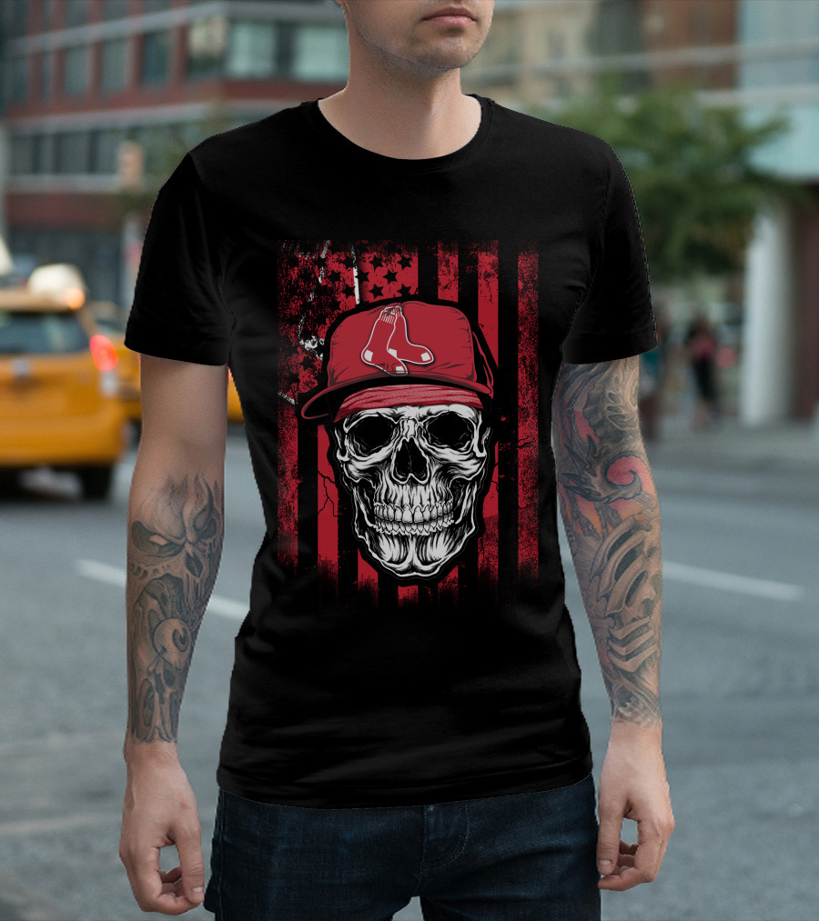 Boston Red Sox Skull Logo Cap on Red and Black T-Shirt