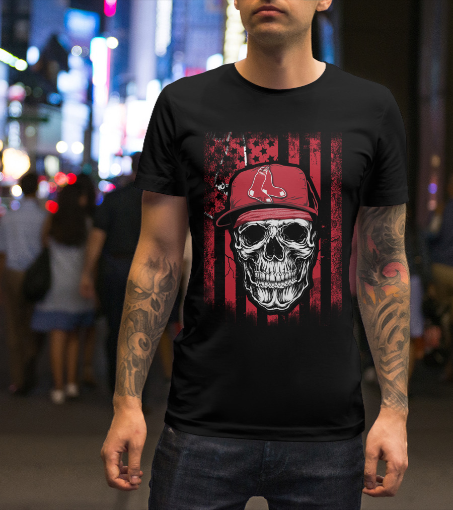Boston Red Sox Skull Logo Cap On Red And Black T-Shirt
