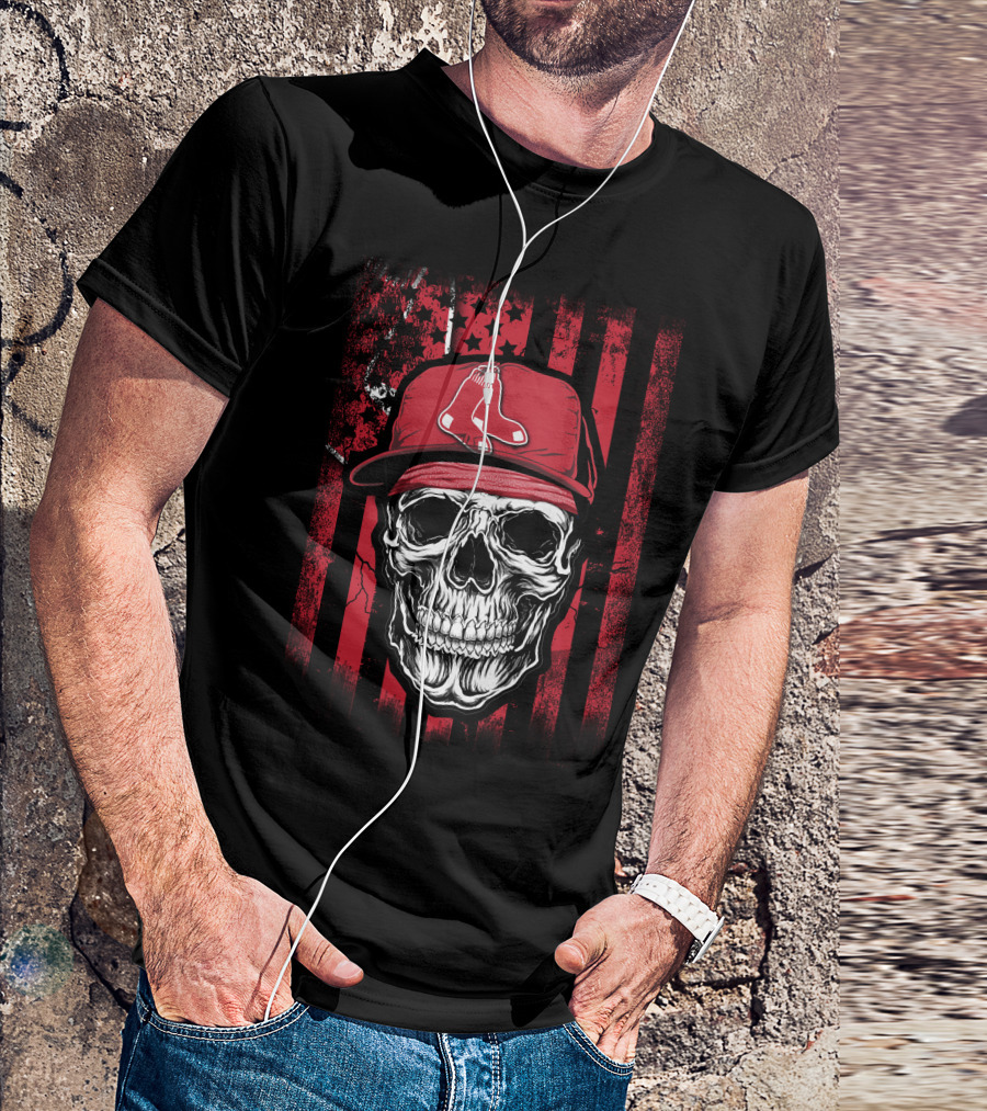 Boston Red Sox Skull Logo Cap On Red And Black T-Shirt