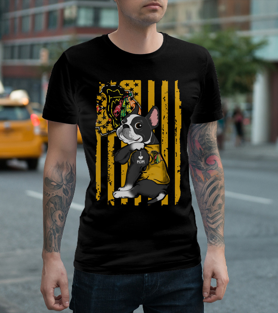Boston Terrier I Love Mom Chicago Blackhawks Stripes T-Shirt