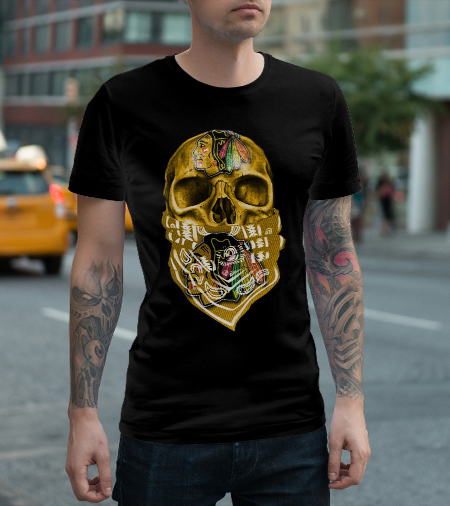 Skull with Chicago Blackhawks Logo Bandana T-Shirt