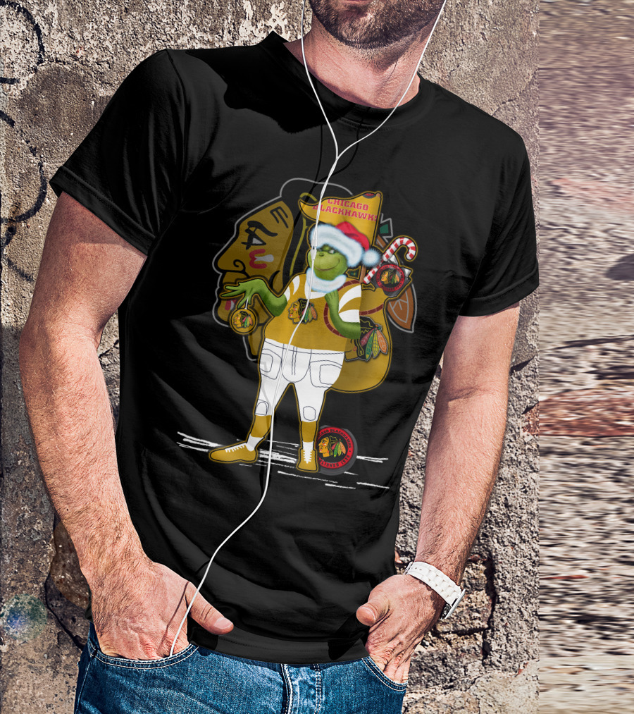 Chicago Blackhawks Grinchxmas Santa Hat Candy Cane Holiday T-Shirt