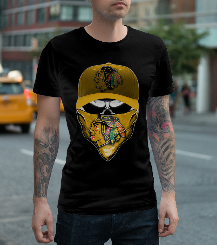 Skull Chicago Blackhawks Logo Hat And Bandana T-Shirt