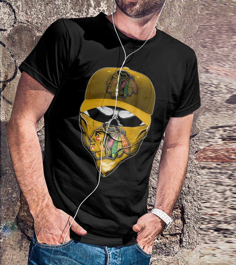 Skull Chicago Blackhawks Logo Hat And Bandana T-Shirt