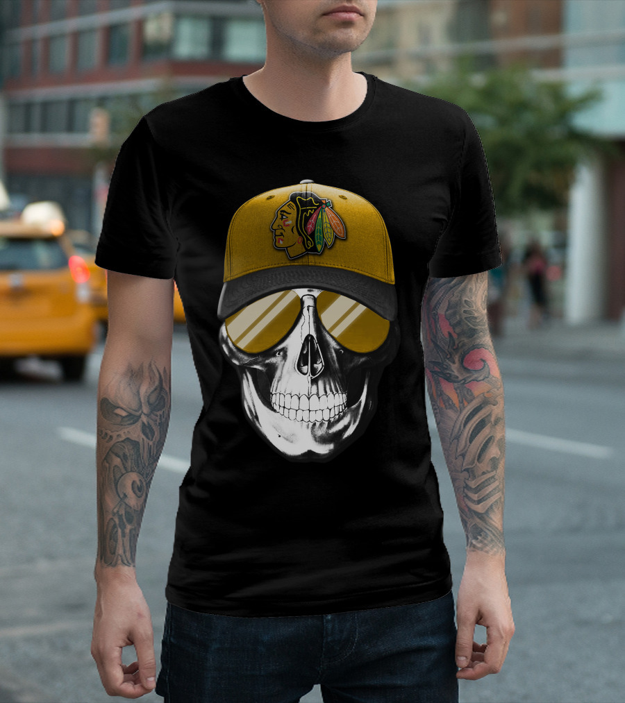 Skull Wearing Chicago Blackhawks Cap with Sunglasses T-Shirt
