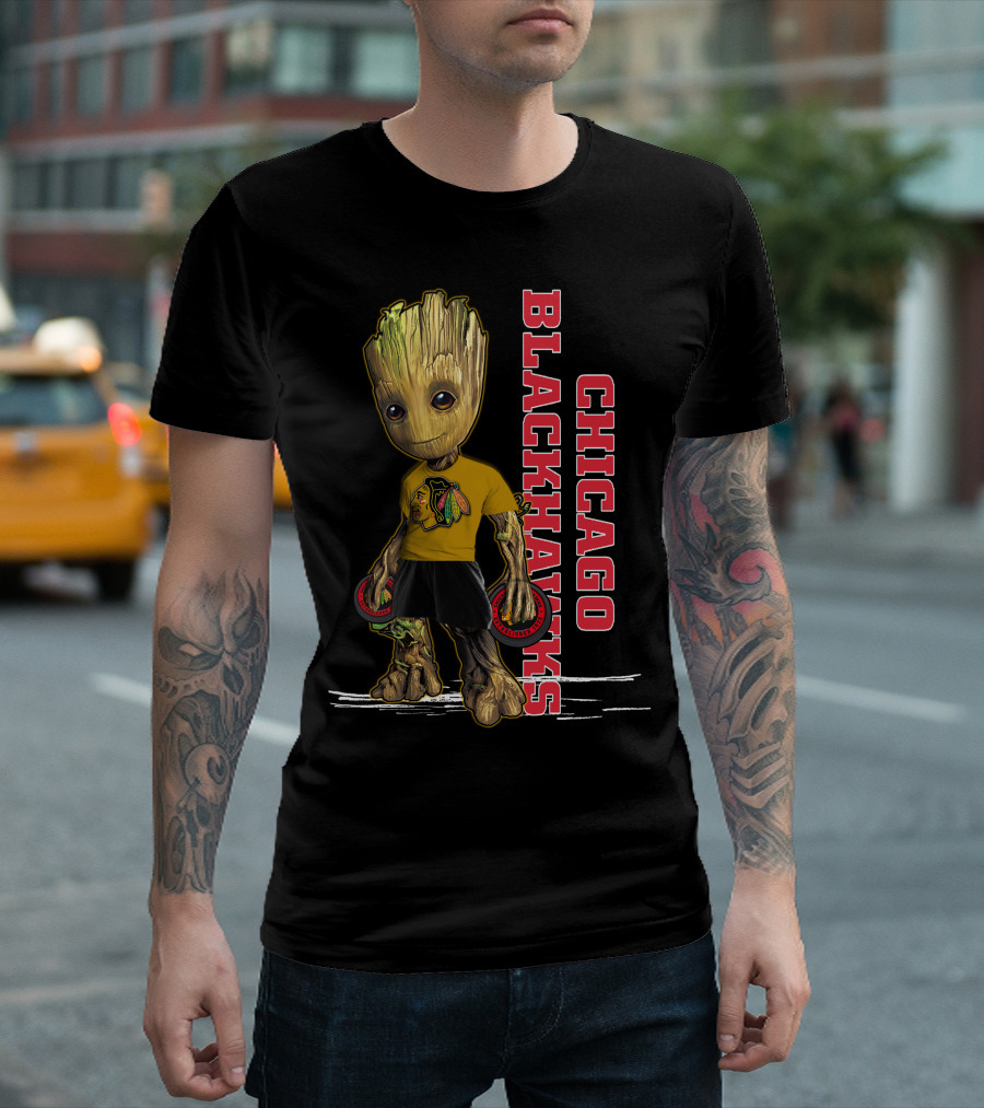 Groot Chicago Blackhawks Holding Hockey Pucks T-Shirt