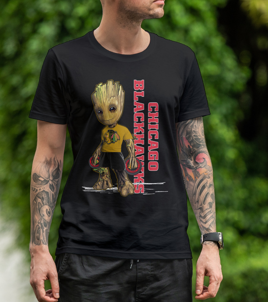 Groot Chicago Blackhawks Holding Hockey Pucks T-Shirt