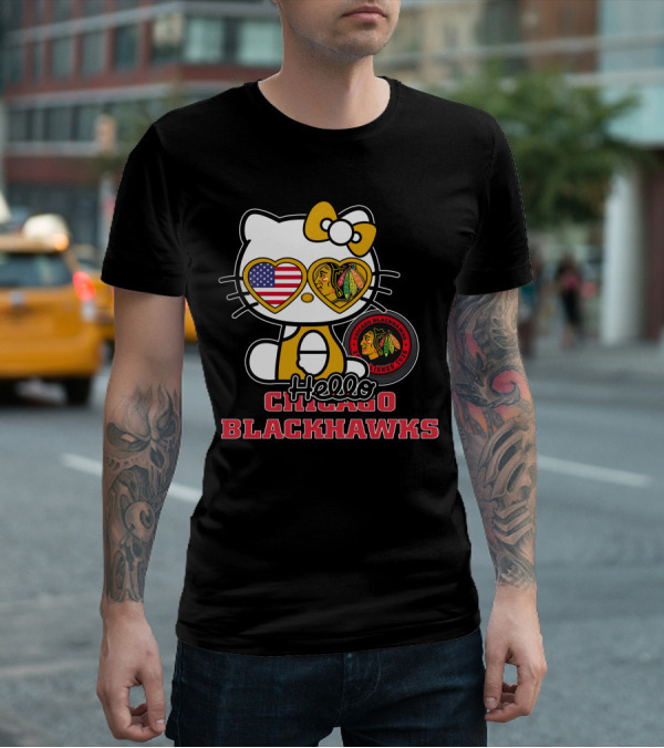 Hello Kitty Chicago Blackhawks American Flag Hockey Fan T-Shirt