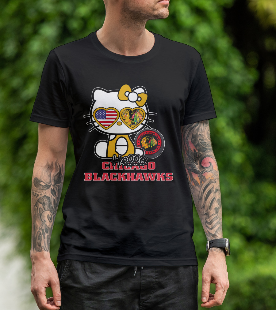 Hello Kitty Chicago Blackhawks American Flag Hockey Fan T-Shirt