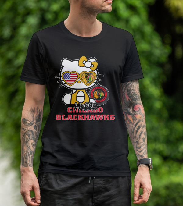 Hello Kitty Chicago Blackhawks American Flag Hockey Fan T-Shirt
