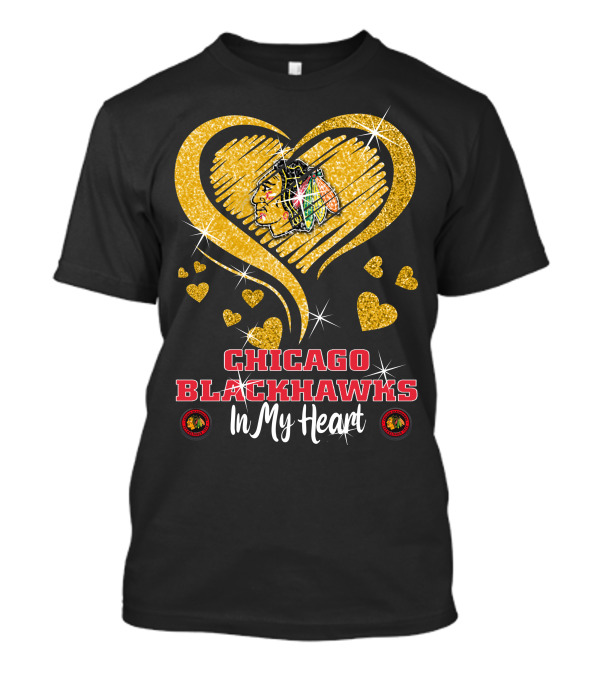 Chicago Blackhawks In My Heart Golden Glitter Logo Hearts T-Shirt