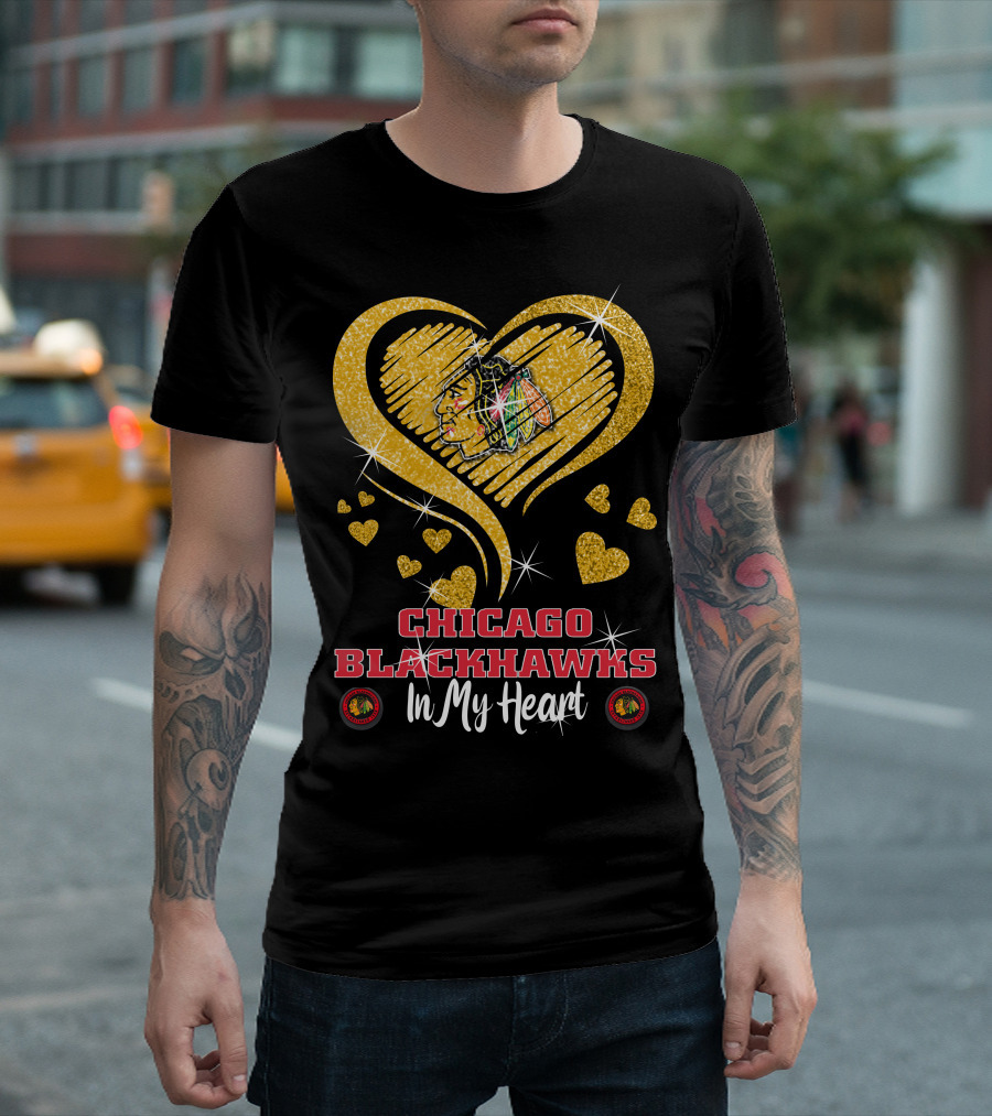 Chicago Blackhawks In My Heart Golden Glitter Logo Hearts T-Shirt