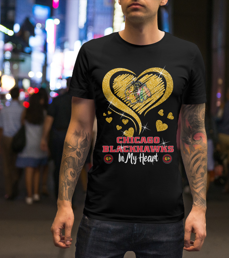 Chicago Blackhawks In My Heart Golden Glitter Logo Hearts T-Shirt