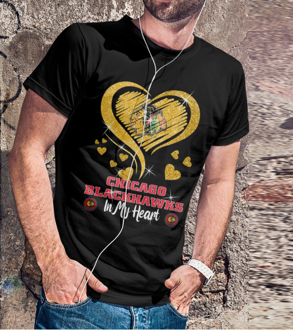 Chicago Blackhawks In My Heart Golden Glitter Logo Hearts T-Shirt