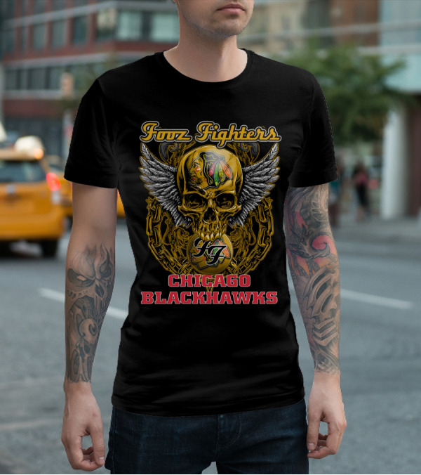 Foo Fighters Chicago Blackhawks Skull Winged T-Shirt