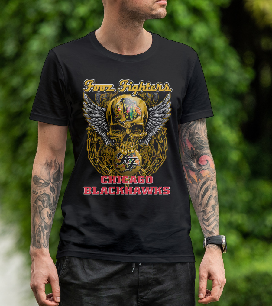 Foo Fighters Chicago Blackhawks Skull Winged T-Shirt