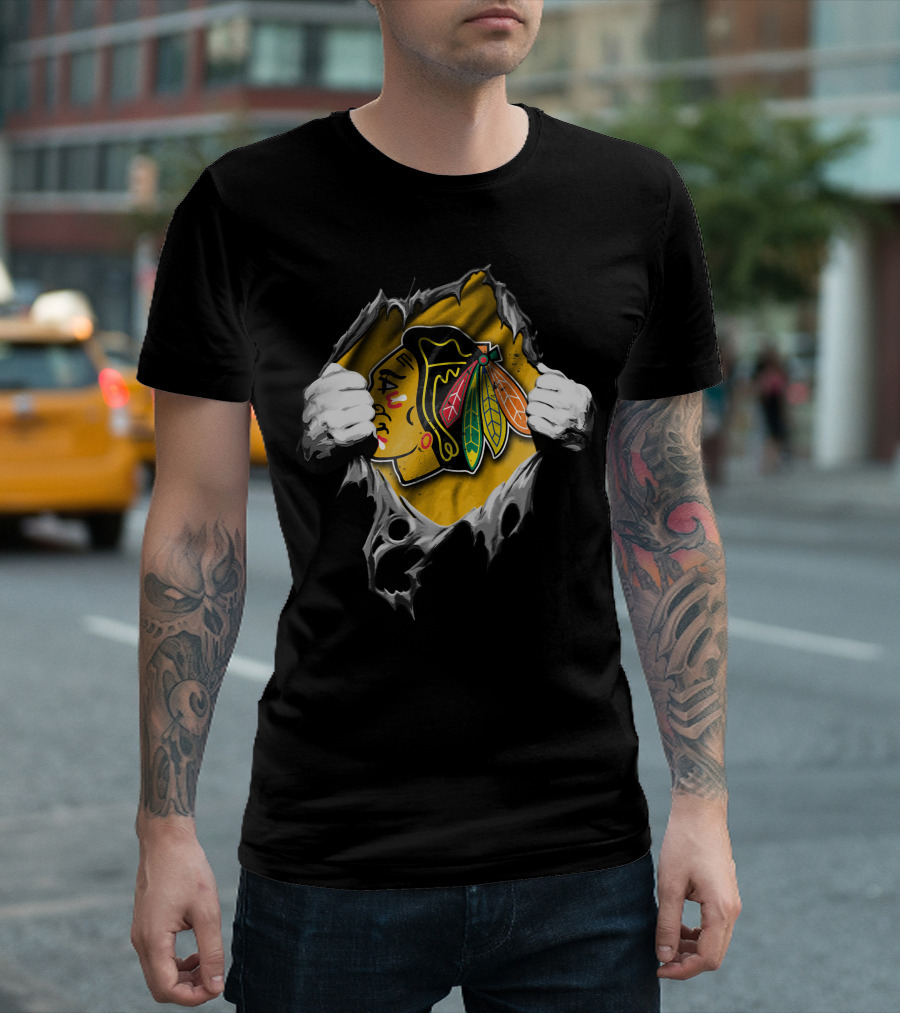 Torn Chicago Blackhawks Logo Peeking Through Ripped Fabric T-Shirt
