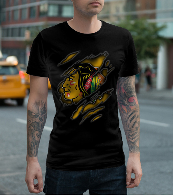 Torn Chicago Blackhawks Logo Claw Marks Yellow And Black T-Shirt