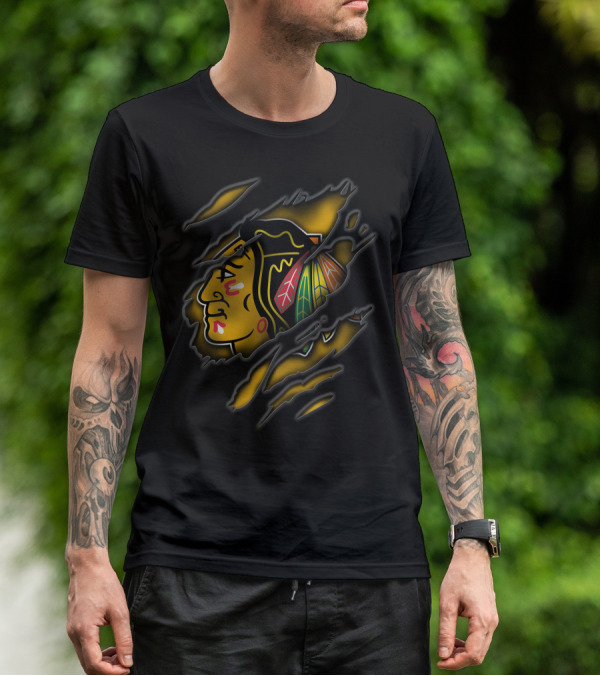 Torn Chicago Blackhawks Logo Claw Marks Yellow And Black T-Shirt