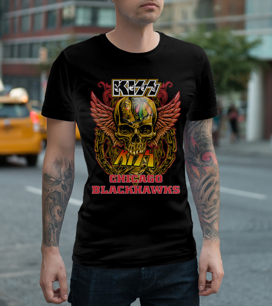 Kiss Chicago Blackhawks Skull with Wings and Chains T-Shirt