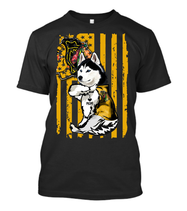 Siberian Husky I Love Mom Chicago Blackhawks Yellow Stripes T-Shirt