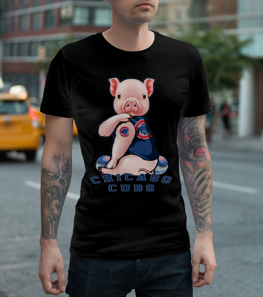 Chicago Cubs Pig with Logo and Baseball Elements T-Shirt