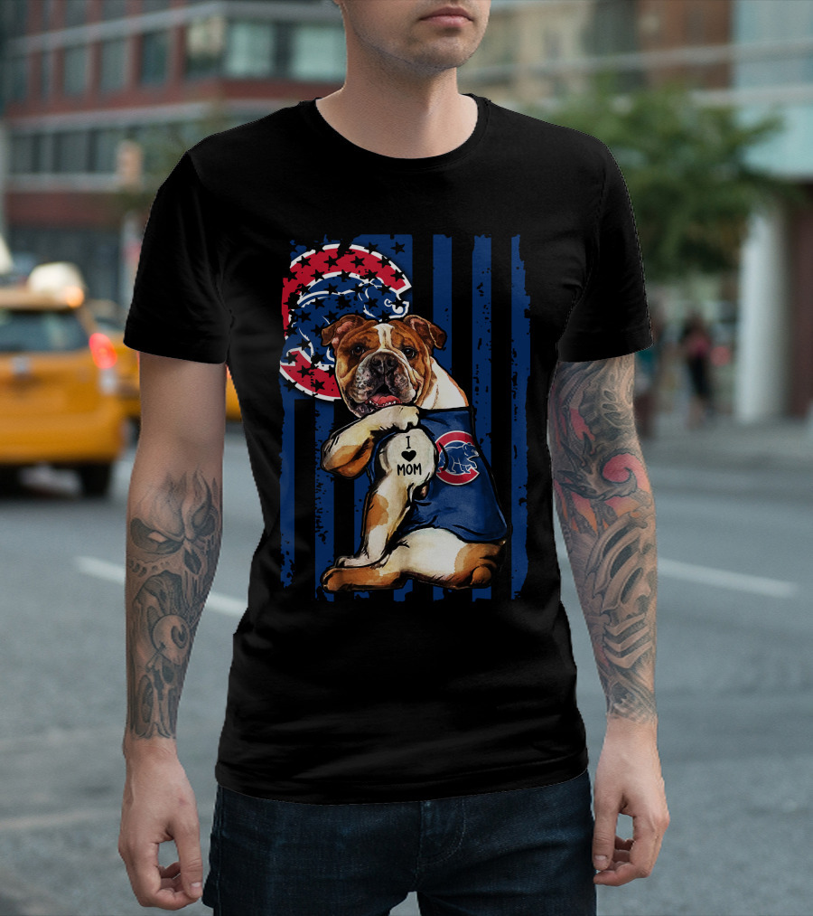 Bulldog I Love Mom Chicago Cubs Logo Star Stripes T-Shirt