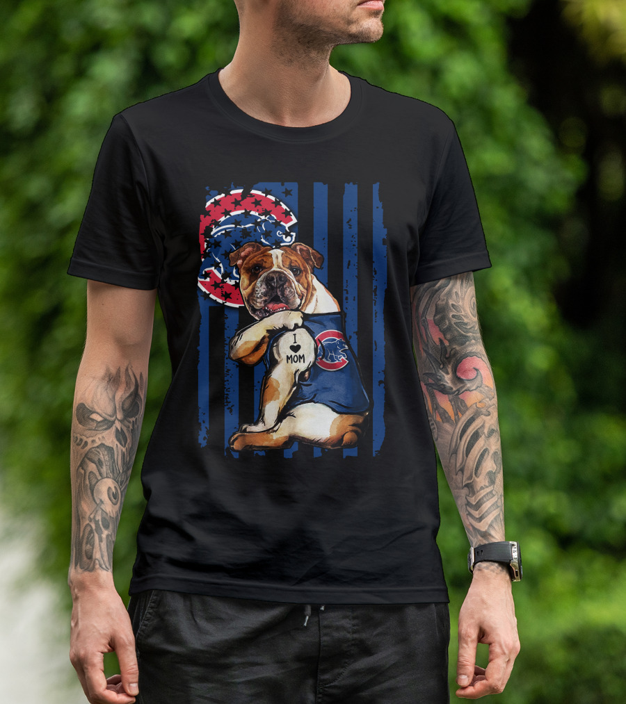 Bulldog I Love Mom Chicago Cubs Logo Star Stripes T-Shirt
