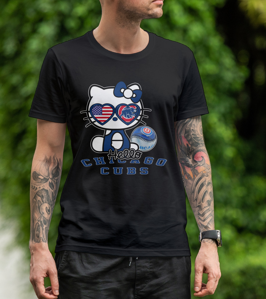 Hello Kitty Chicago Cubs American Flag Baseball T-Shirt