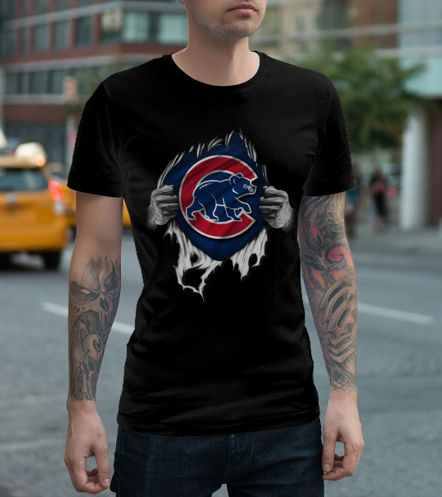 Torn Chicago Cubs Logo with Bear and Hands T-Shirt