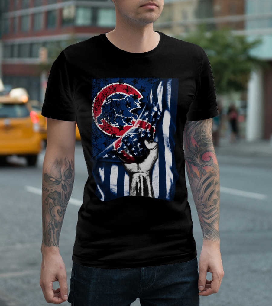 Chicago Cubs American Flag Blue Bear Emblem T-Shirt