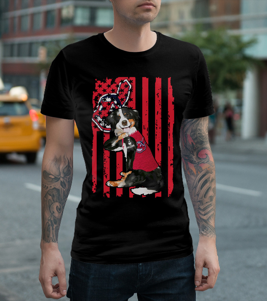 Border Collie American Flag Cleveland Guardians Tattoo I Love Mom T-Shirt