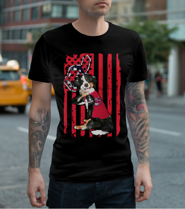 Border Collie American Flag Cleveland Guardians Tattoo I Love Mom T-Shirt