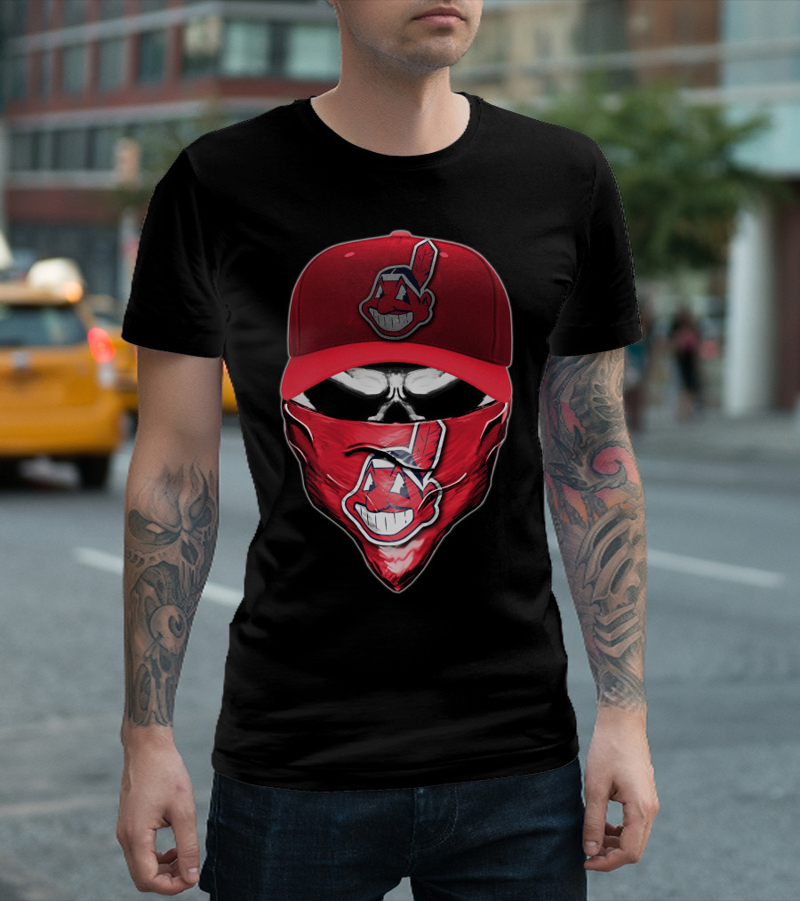 Cleveland Indians Chief Wahoo Skull Mask With Hat And Bandana T-Shirt