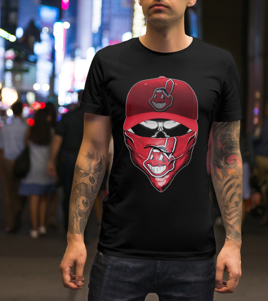 Cleveland Indians Chief Wahoo Skull Mask With Hat And Bandana T-Shirt