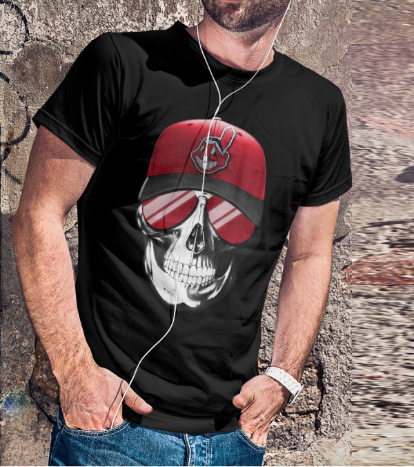 Skull With Cleveland Indians Cap And Sunglasses T-Shirt
