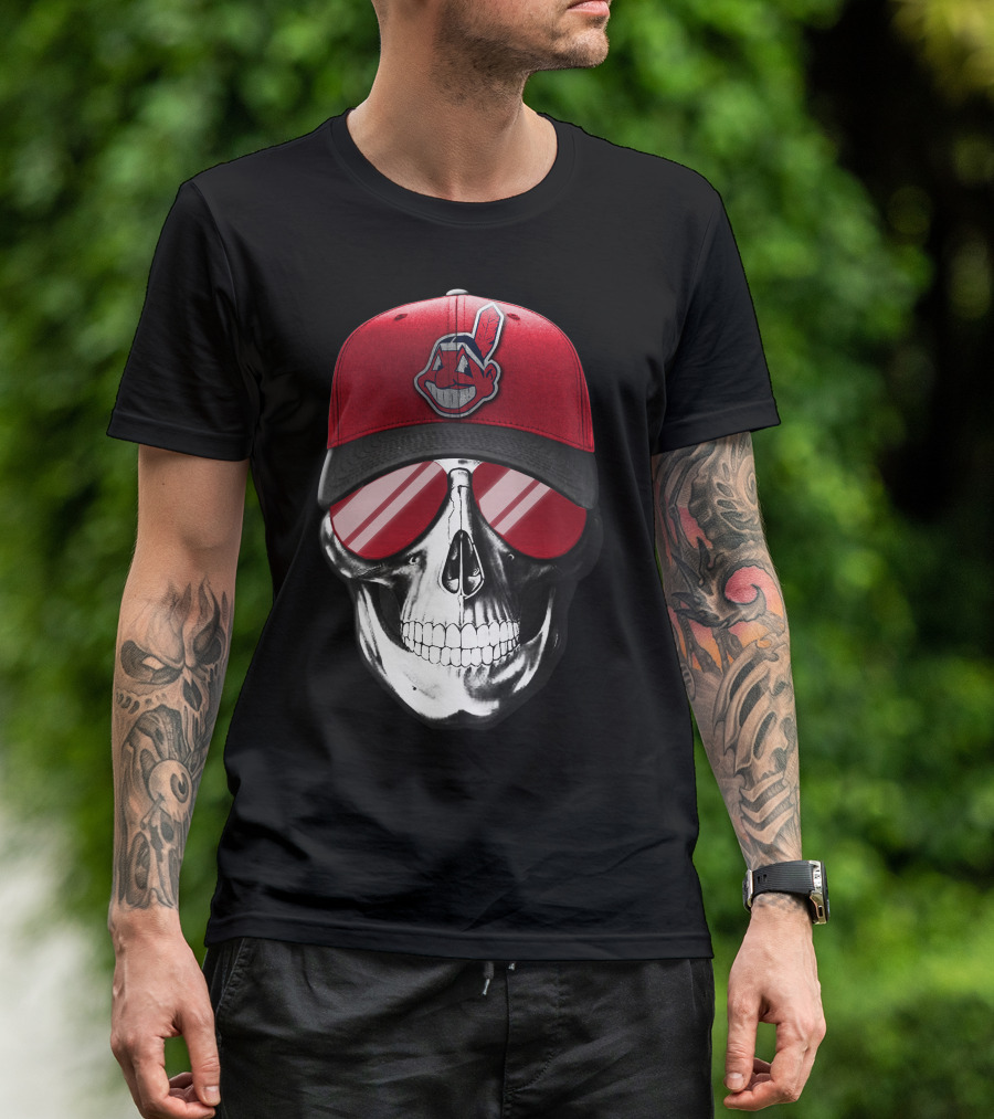 Skull With Cleveland Indians Cap And Sunglasses T-Shirt