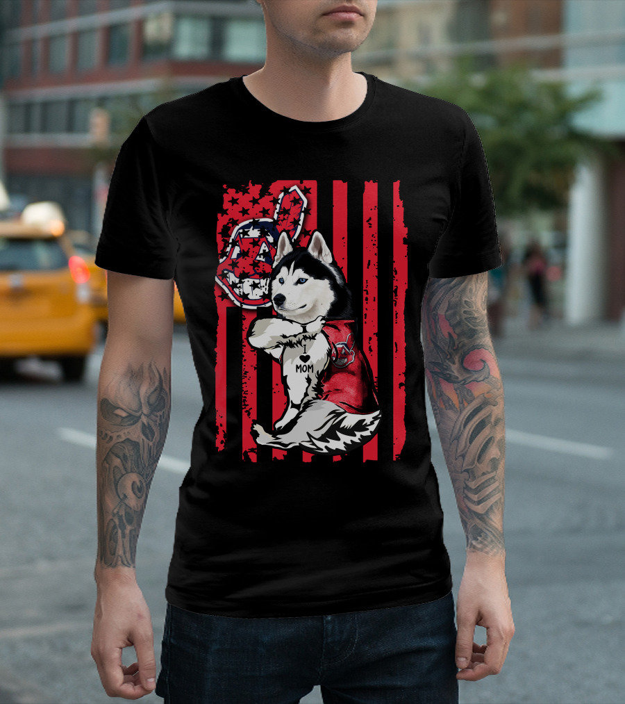Siberian Husky Cleveland Indians American Flag Baseball Fanatic Mom T-Shirt