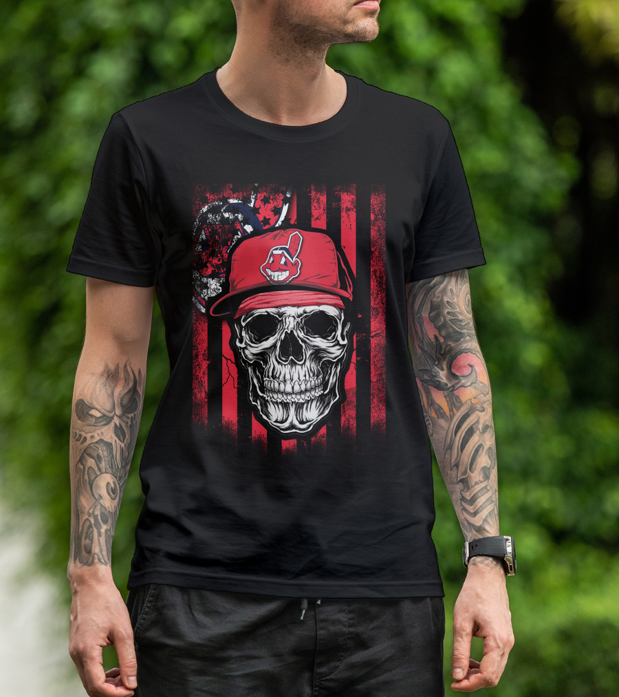 Cleveland Indians Skull With Red Cap And Grunge Stripes T-Shirt