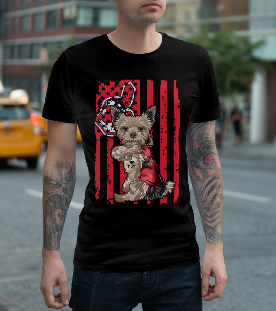 Yorkshire Terrier I Love Mom Cleveland Indians Patriotic Flag T-Shirt