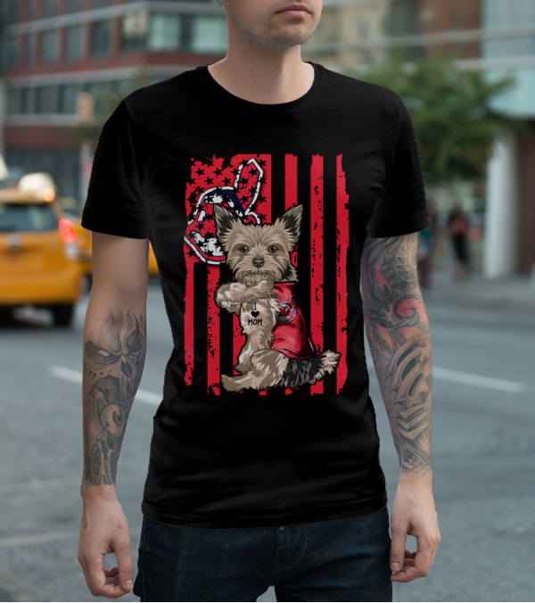 Yorkshire Terrier I Love Mom Cleveland Indians Patriotic Flag T-Shirt