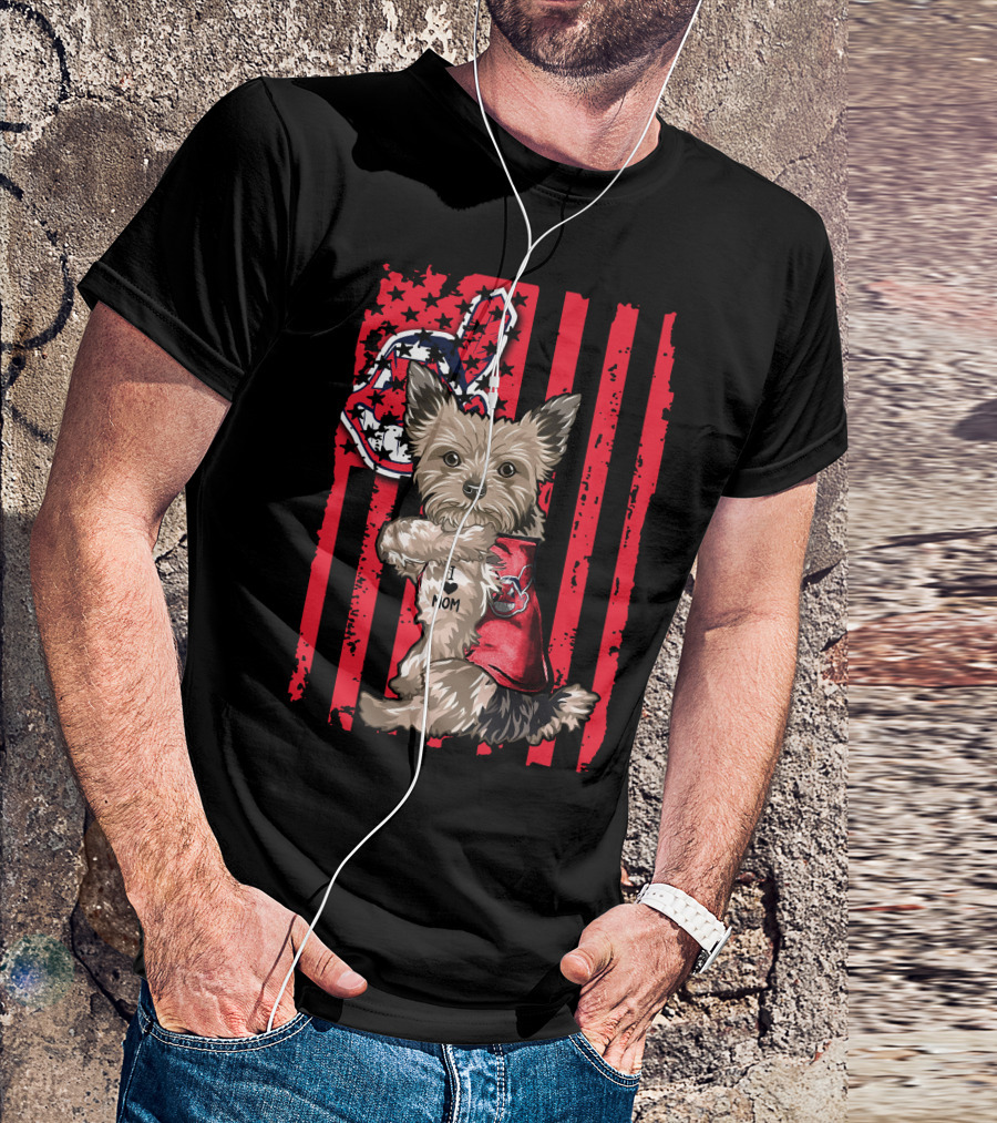 Yorkshire Terrier I Love Mom Cleveland Indians Patriotic Flag T-Shirt