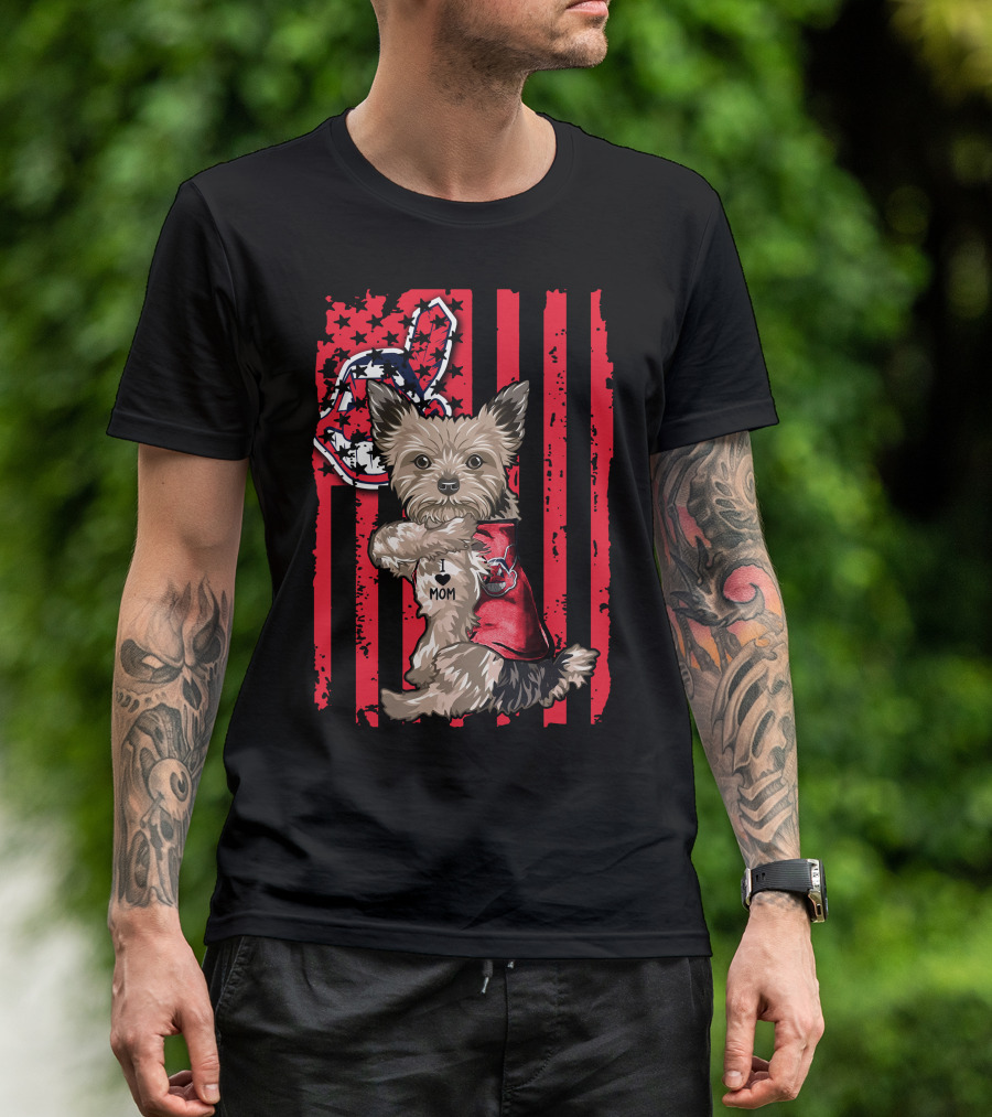 Yorkshire Terrier I Love Mom Cleveland Indians Patriotic Flag T-Shirt
