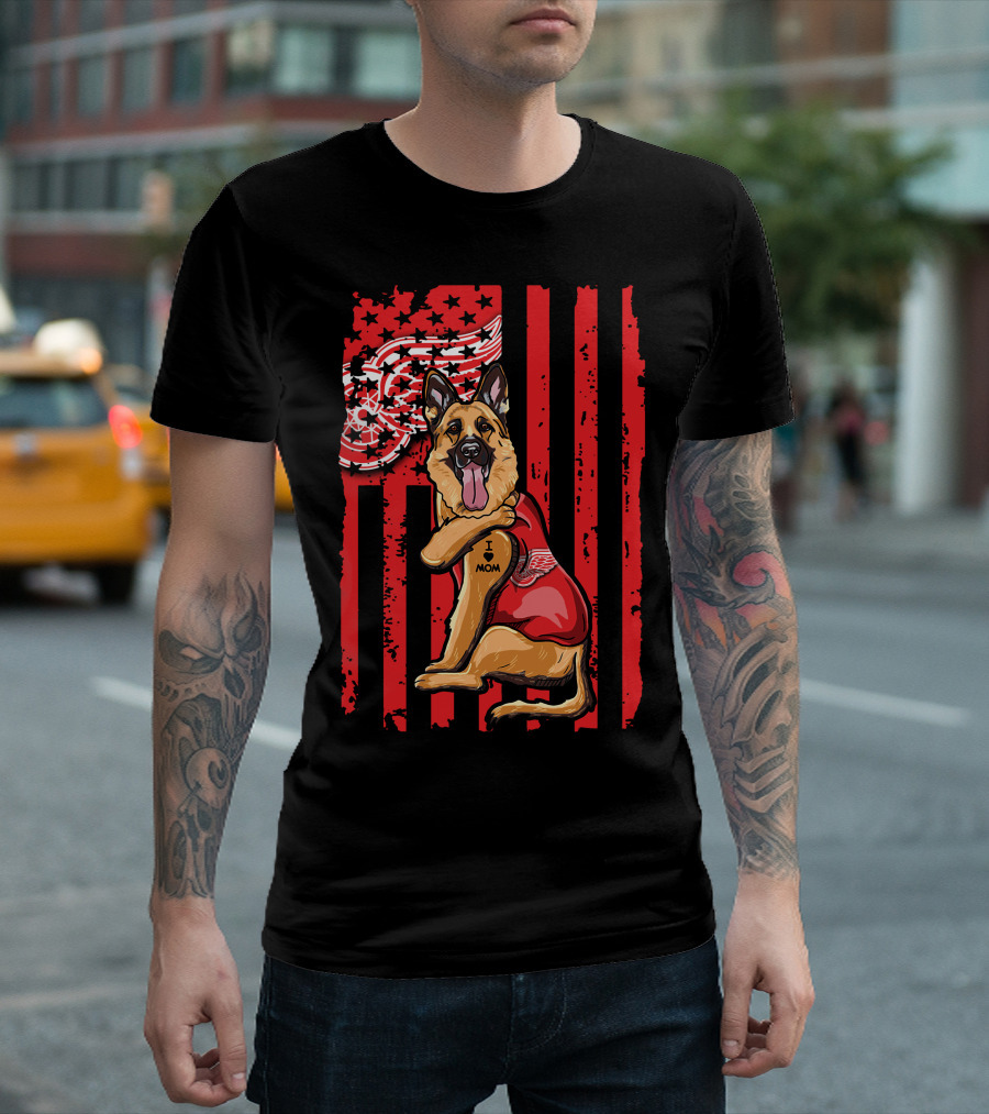 German Shepherd With Detroit Red Wings And I Love Mom Tattoo Flag Background T-Shirt